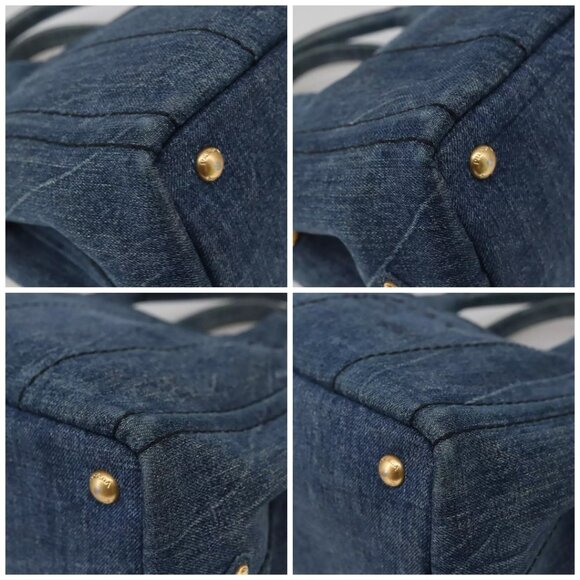 PRADA Canapa PM Hand Bag Denim Blue Gold Auth - Picture 13 of 15